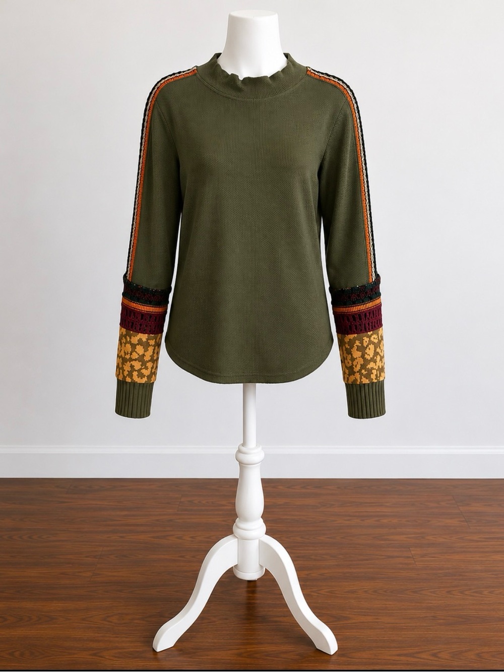 Free People Olive Knit Sweater with Patterned Contrast Sleeves size M